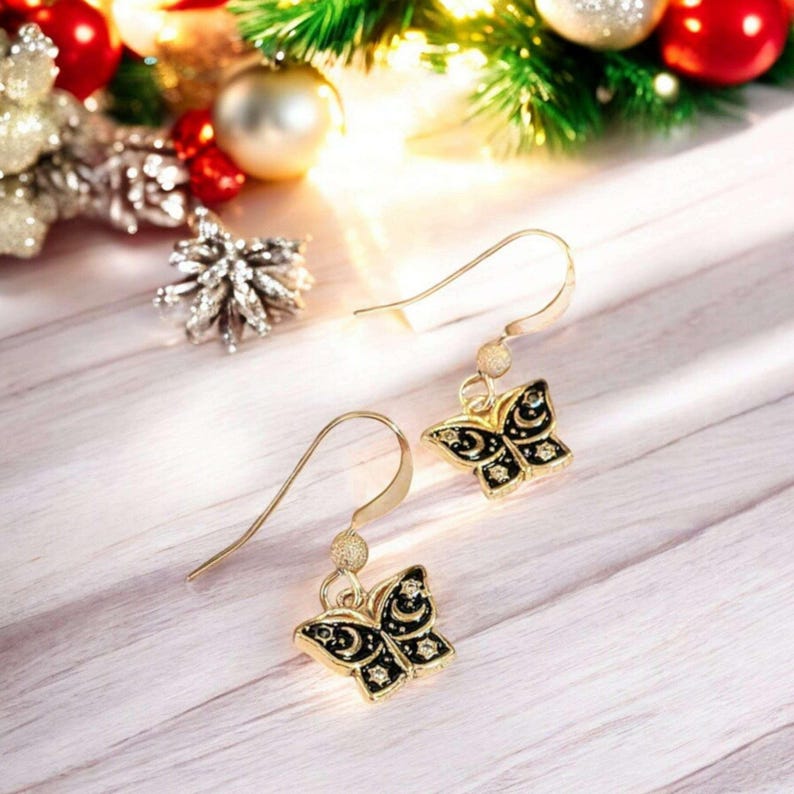 Celestial Butterfly Gold dangle earrings - - LadybugfeetDesigns -