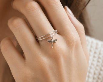 Tiny Dragonfly Adjustable Charm Ring, Silver