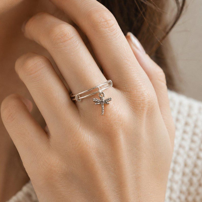 Tiny Dragonfly Adjustable Charm Ring, Silver - - LadybugfeetDesigns -