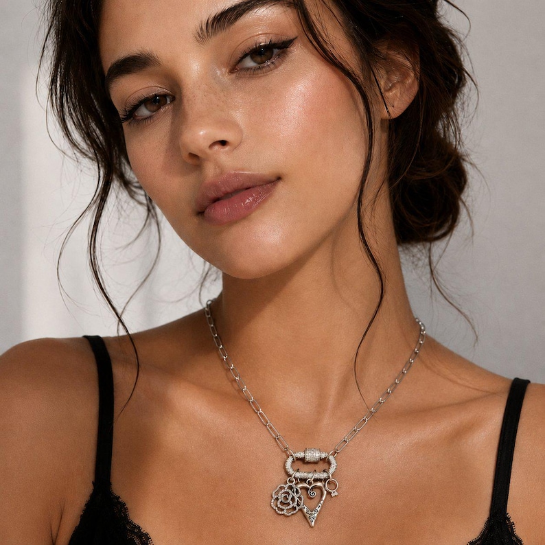 Romantic Rose, Heart, Diamond Ring Carabiner Necklace, Silver - Adjusts up to 20 inches - - LadybugfeetDesigns -
