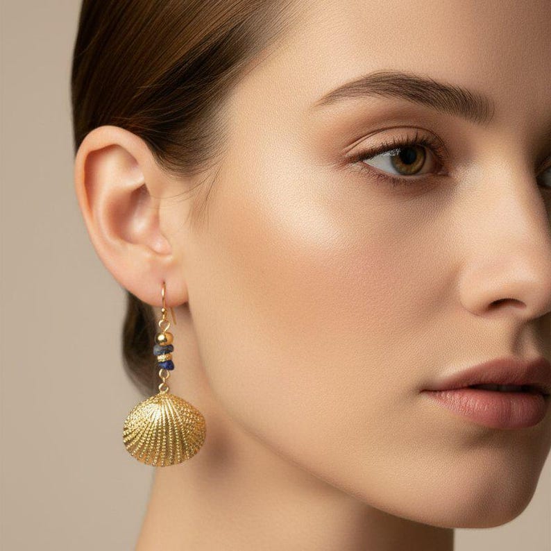 Sea Shell beaded dangle earrings, gold - - LadybugfeetDesigns -