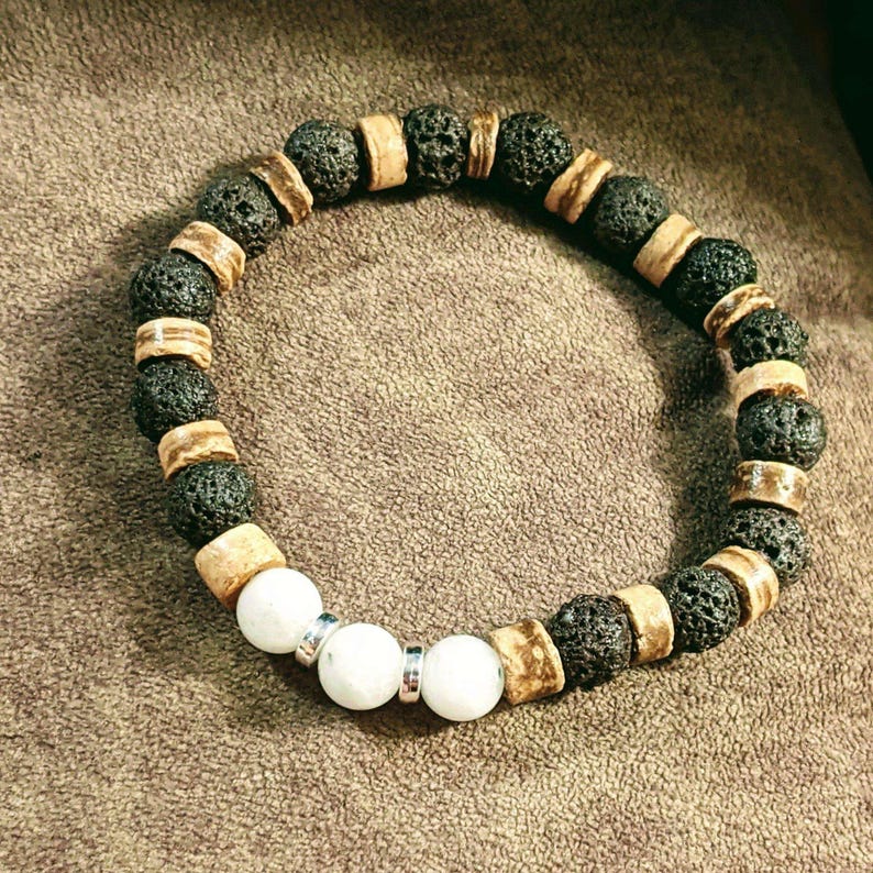 Moonstone Gemstone Lava Bead Stretch bracelet-JUNE Birthstone - - LadybugfeetDesigns -