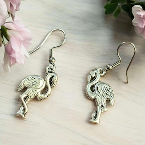 Silver Flamingo hook earrings - - LadybugfeetDesigns -