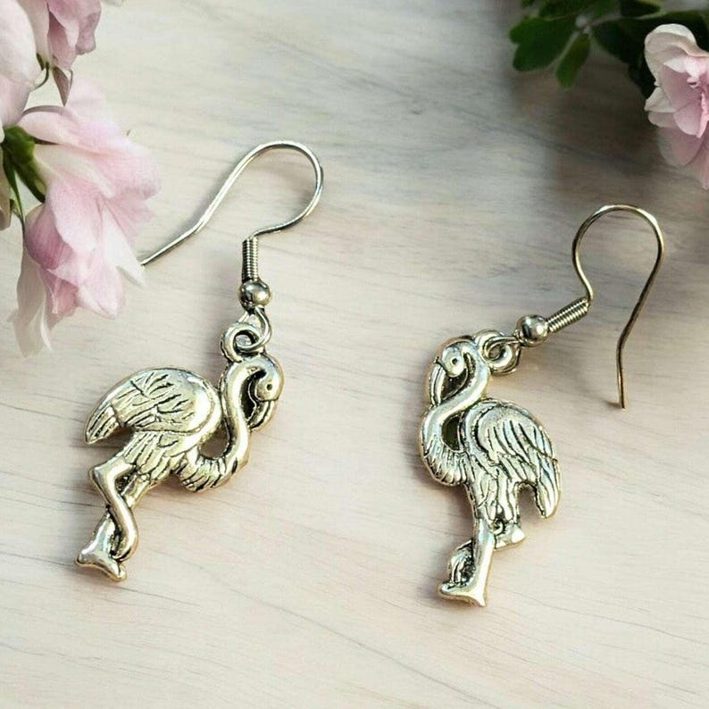 Silver Flamingo hook earrings - - LadybugfeetDesigns -