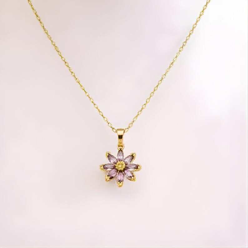 Purple CZ Flower necklace, Gold - 20 inch - - LadybugfeetDesigns -