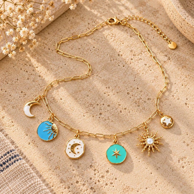 Celestial Multi Charm Link Necklace, Gold- 20 inch image 1