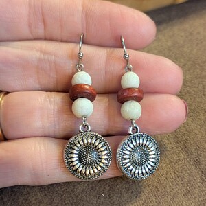 Large Sunflower Beaded Hook Earrings, Silver - - LadybugfeetDesigns -