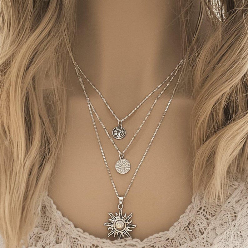 Energy, Power, Positivity Layered Necklace Set, Silver - - LadybugfeetDesigns -