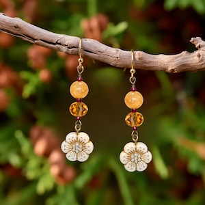 Honey Boho Flower Bead Hook Earrings, Gold - - LadybugfeetDesigns -