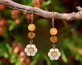Honey Boho Flower Bead Hook Earrings, Gold