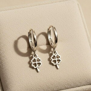 Silver 4 Leaf Clover Huggie Hoop earrings, 15mm Hoop Drop - - LadybugfeetDesigns -