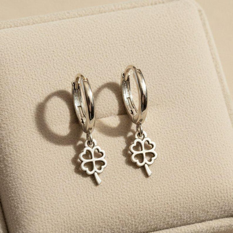 Silver 4 Leaf Clover Huggie Hoop earrings, 15mm Hoop Drop - - LadybugfeetDesigns -