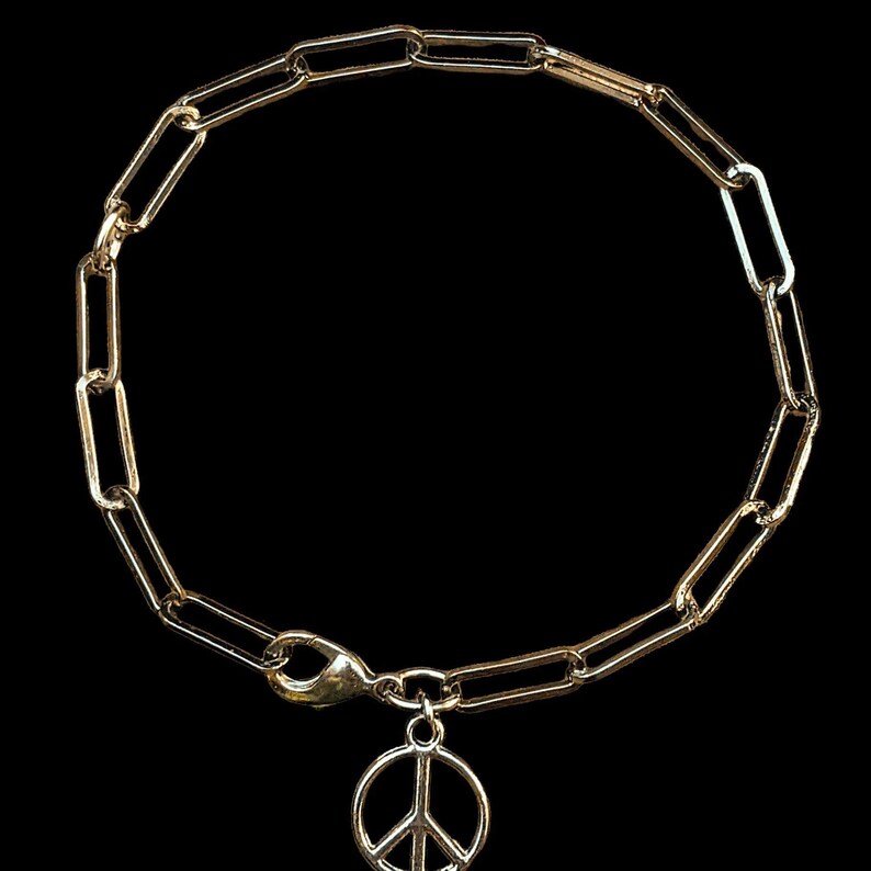 Peace Sign Gunmetal Paperclip Chain Bracelet - - LadybugfeetDesigns -