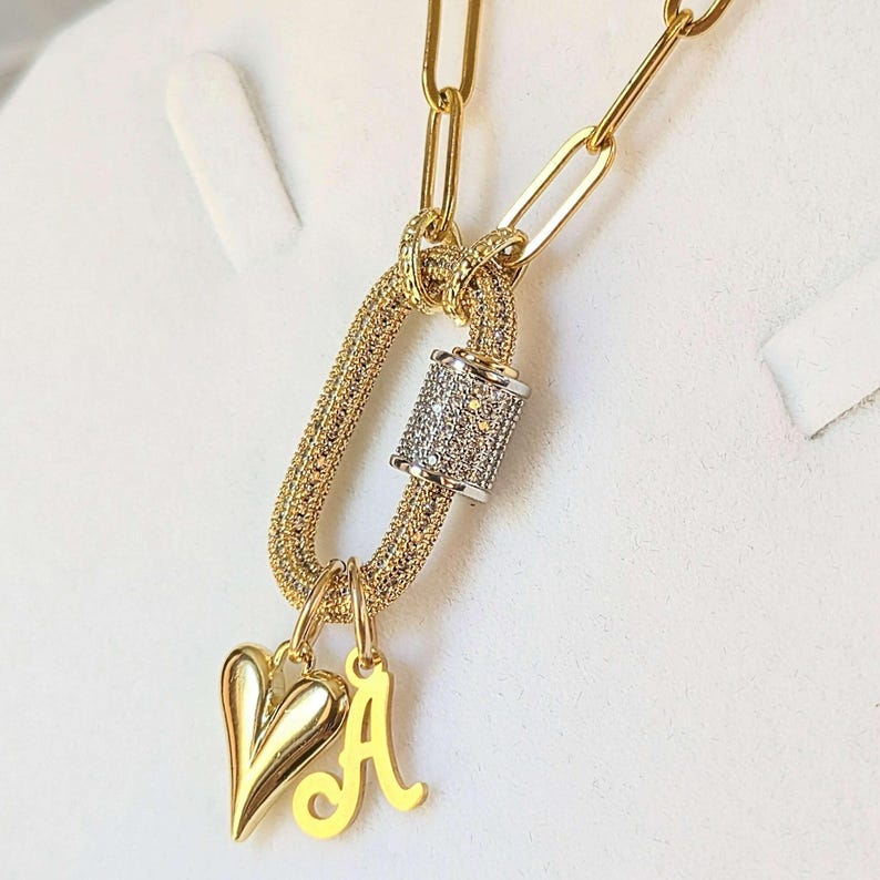 Gold Initial Heart Carabiner Necklace - 20 inch - - LadybugfeetDesigns -
