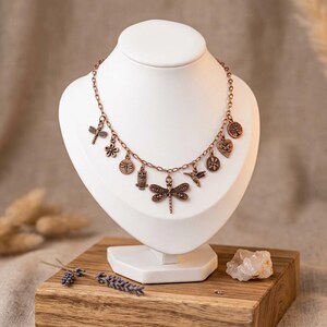 Boho Nature Multi Charm Link Necklace, Antique Copper- 20 inch - - LadybugfeetDesigns -