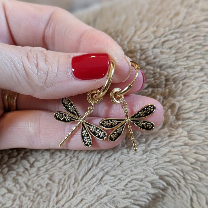 Dragonfly Huggie Hoop earrings, Gold - 12mm - - LadybugfeetDesigns -