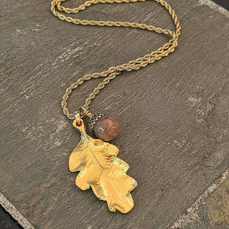 Moonstone Acorn Oak Leaf Necklace, Gold - - LadybugfeetDesigns -