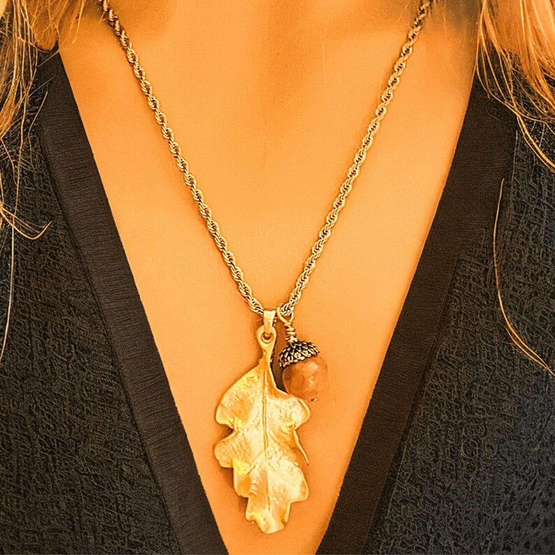 Moonstone Acorn Oak Leaf Necklace, Gold - - LadybugfeetDesigns -