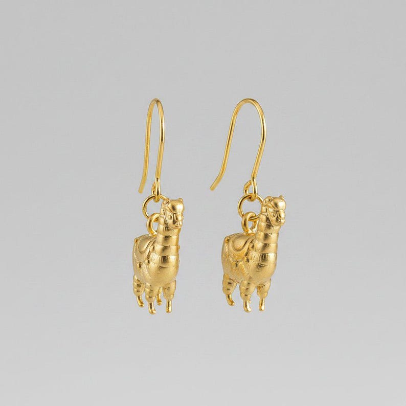 Alpaca/llama Hook Earrings, Gold - - LadybugfeetDesigns -