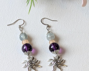 Celestial Sun Beaded Hook Earrings, Silver