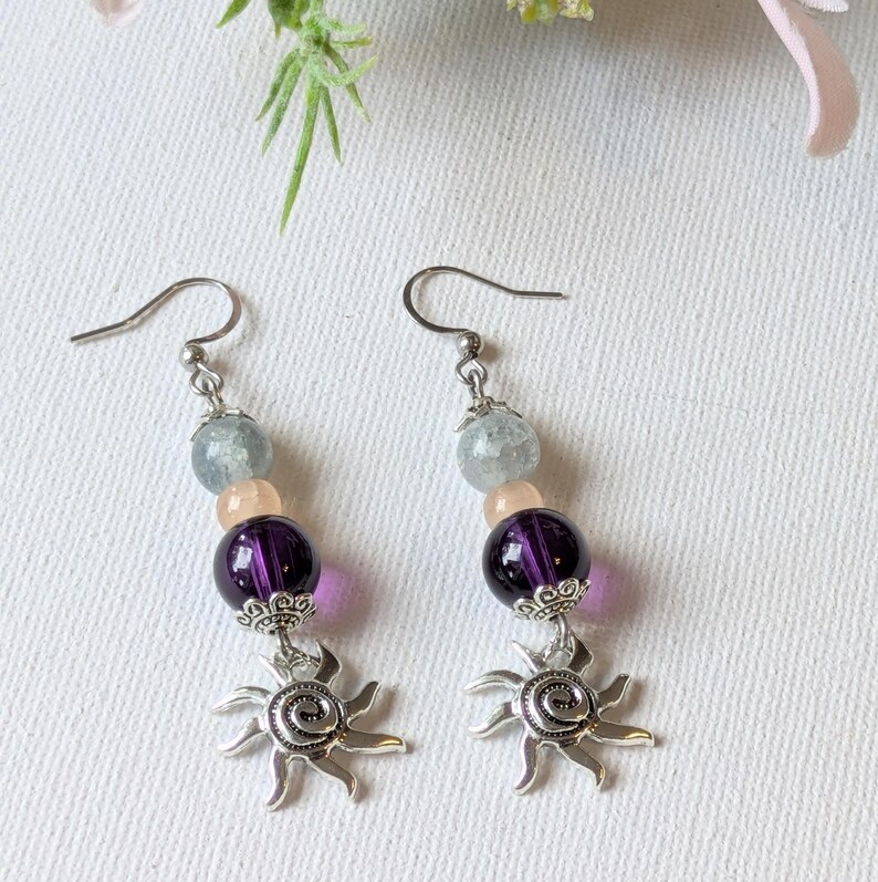 Celestial Sun Beaded Hook Earrings, Silver - - LadybugfeetDesigns -