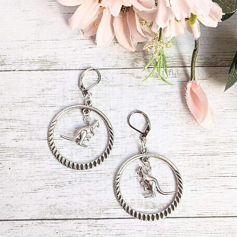 Kangaroo Mama & Joey Leverback Hook Earrings - - LadybugfeetDesigns -
