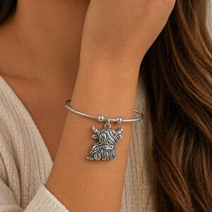 Scottish Highland Cow Euro Bangle Cuff, Silver - - LadybugfeetDesigns -