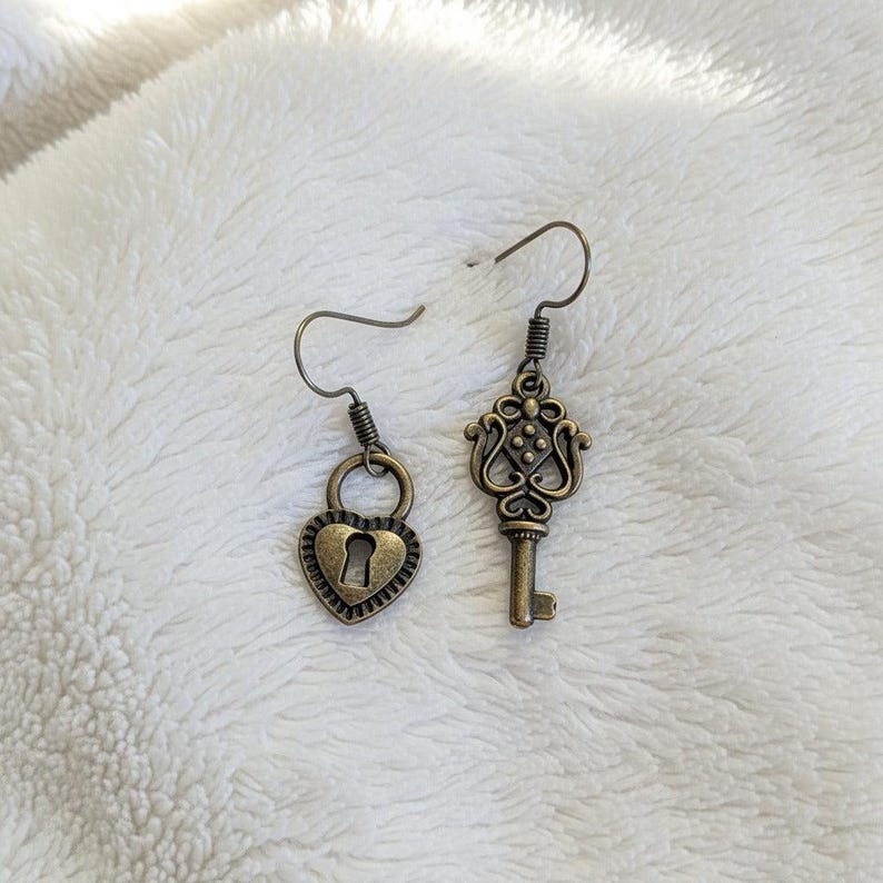 Key/Lock hook earrings, Antique Bronze - - LadybugfeetDesigns -