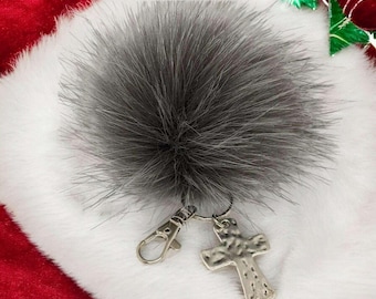Hammered Cross Keychain/ Faux Fur Pom Pom and charm Key Chain-Purse Charm/Journal Charm