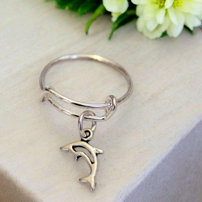 Tiny Dolphin Expandable Charm Ring,Gift for her - - LadybugfeetDesigns -