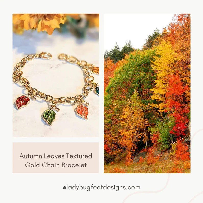 Autumn Leaves Textured Gold Chain Bracelet - - LadybugfeetDesigns -