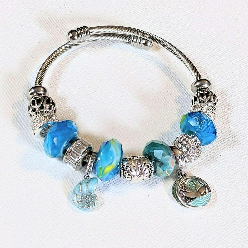 Ocean Lover Euro Cuff Wrap Bracelet, Silver - - LadybugfeetDesigns -