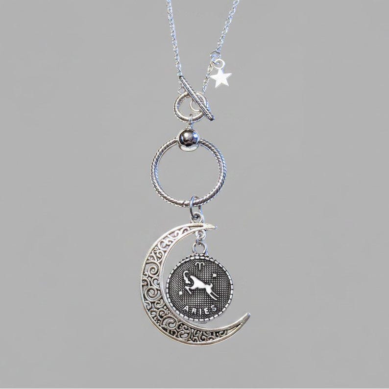 Crescent Moon Zodiac Sign Necklace, Silver - 20 inch - - LadybugfeetDesigns -