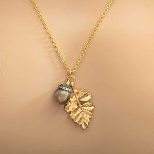 Acorn Oak Leaf Necklace, Gold - - LadybugfeetDesigns -