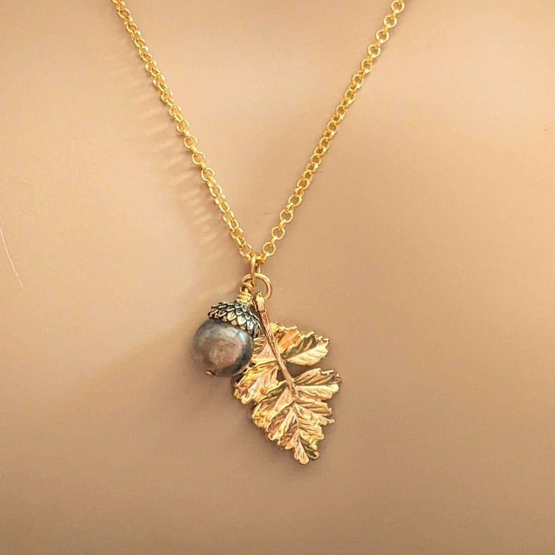 Acorn Oak Leaf Necklace, Gold - - LadybugfeetDesigns -
