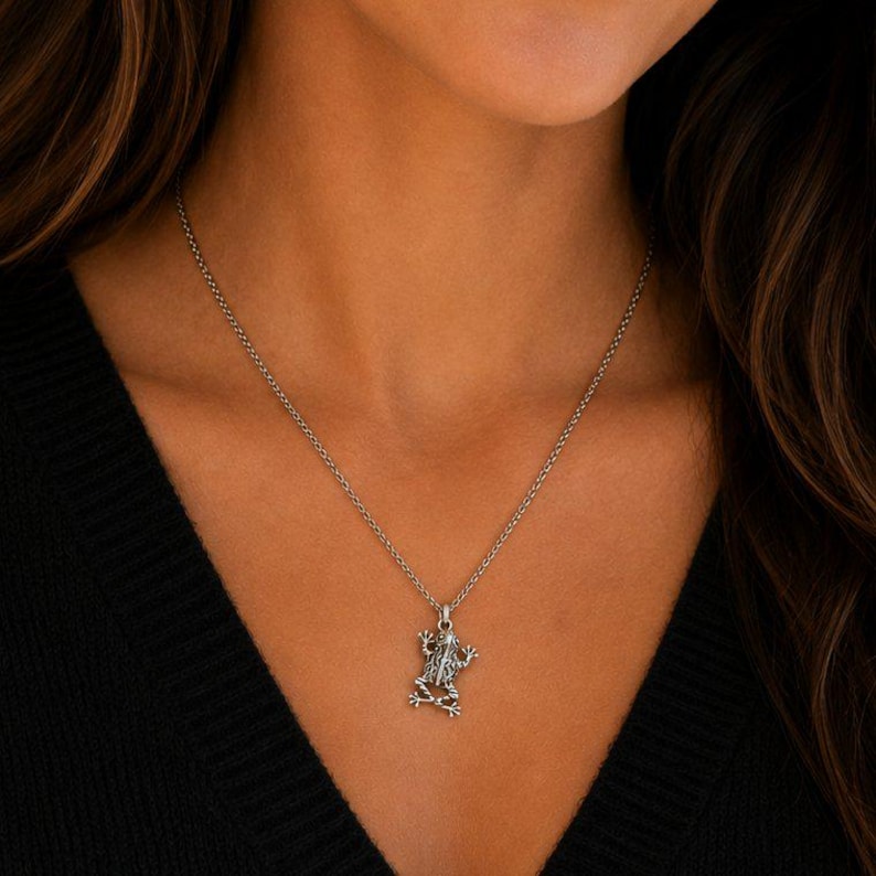 Fancy Rustic Frog Necklace, 20 inches - Silver - - LadybugfeetDesigns -
