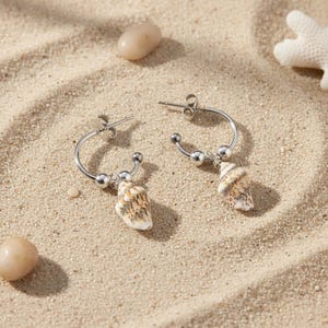 Genuine Conch Shell Hoop Earrings, Silver - 16mm - - LadybugfeetDesigns -