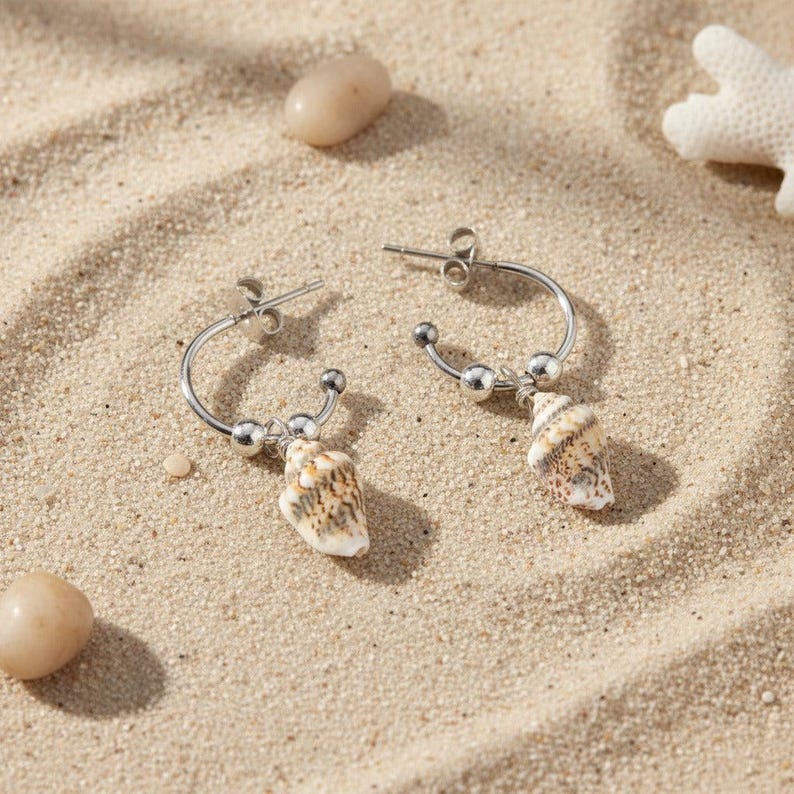 Genuine Conch Shell Hoop Earrings, Silver - 16mm - - LadybugfeetDesigns -