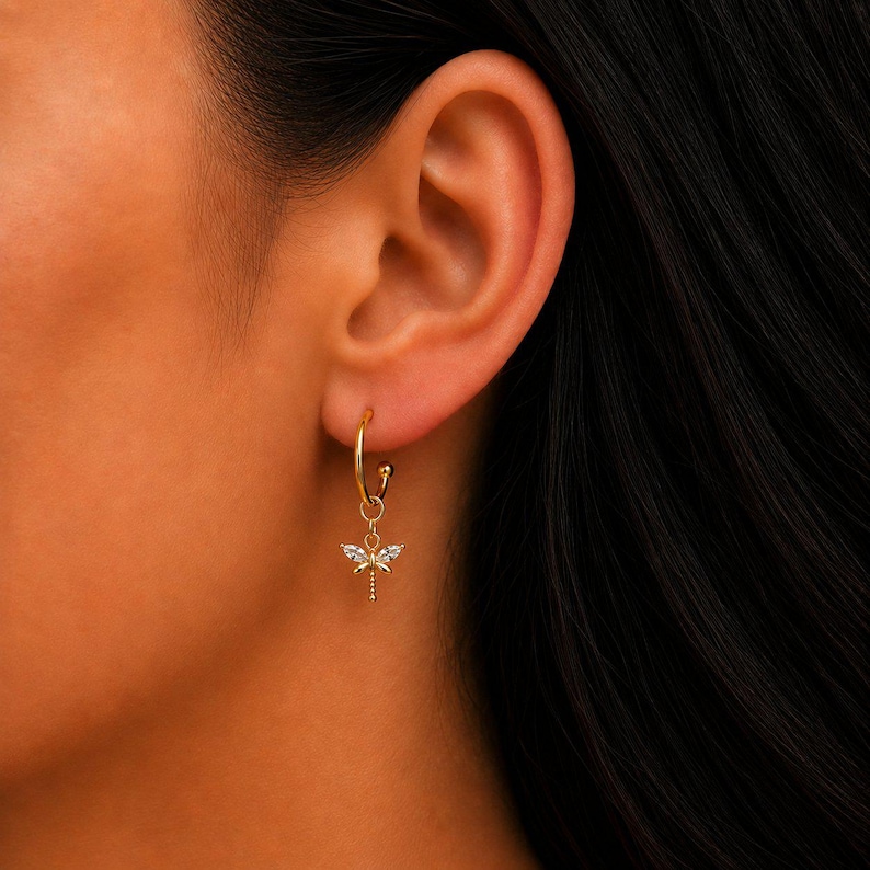 CZ Dragonfly Gold Hoop earrings, Hoop Drop, 16mm - - LadybugfeetDesigns -