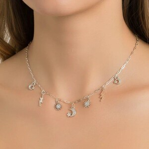 Celestial Multi Charm Link Necklace, .925 Sterling Silver - 20 inch - - LadybugfeetDesigns -