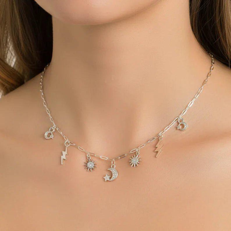 Celestial Multi Charm Link Necklace, .925 Sterling Silver - 20 inch - - LadybugfeetDesigns -
