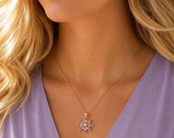 Lila CZ-blomhalsband, guld - 50 cm