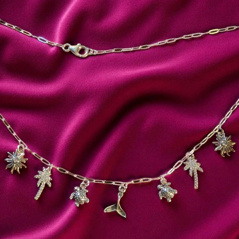 Tropic Vacation Multi Charm Link Necklace, .925 Sterling Silver - 20 inch - - LadybugfeetDesigns -