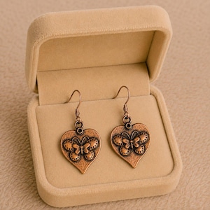 Butterfly Heart dangle earrings, Copper/Rose Gold - - LadybugfeetDesigns -