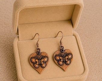 Butterfly Heart dangle earrings, Copper/Rose Gold