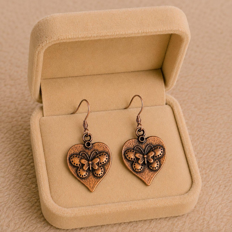 Butterfly Heart dangle earrings, Copper/Rose Gold - - LadybugfeetDesigns -