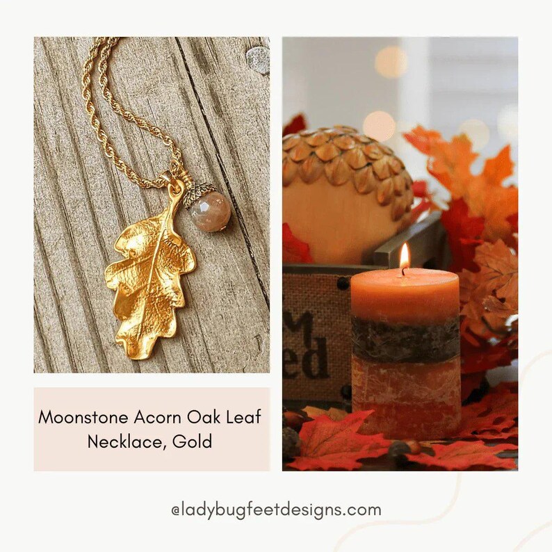 Moonstone Acorn Oak Leaf Necklace, Gold - - LadybugfeetDesigns -