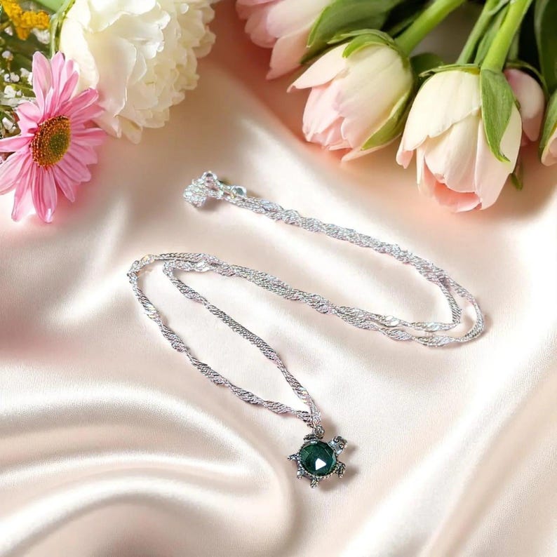 Multi Faceted CZ Turtle Necklace, Sterling Silver - 20 inch - - LadybugfeetDesigns -