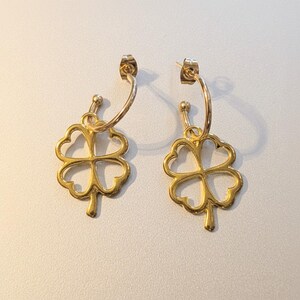 Four Leaf Clover Hoop earrings, Gold - 16mm - - LadybugfeetDesigns -
