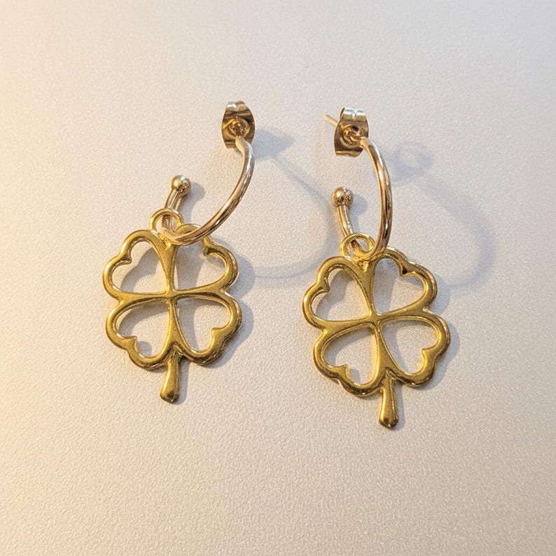 Four Leaf Clover Hoop earrings, Gold - 16mm - - LadybugfeetDesigns -